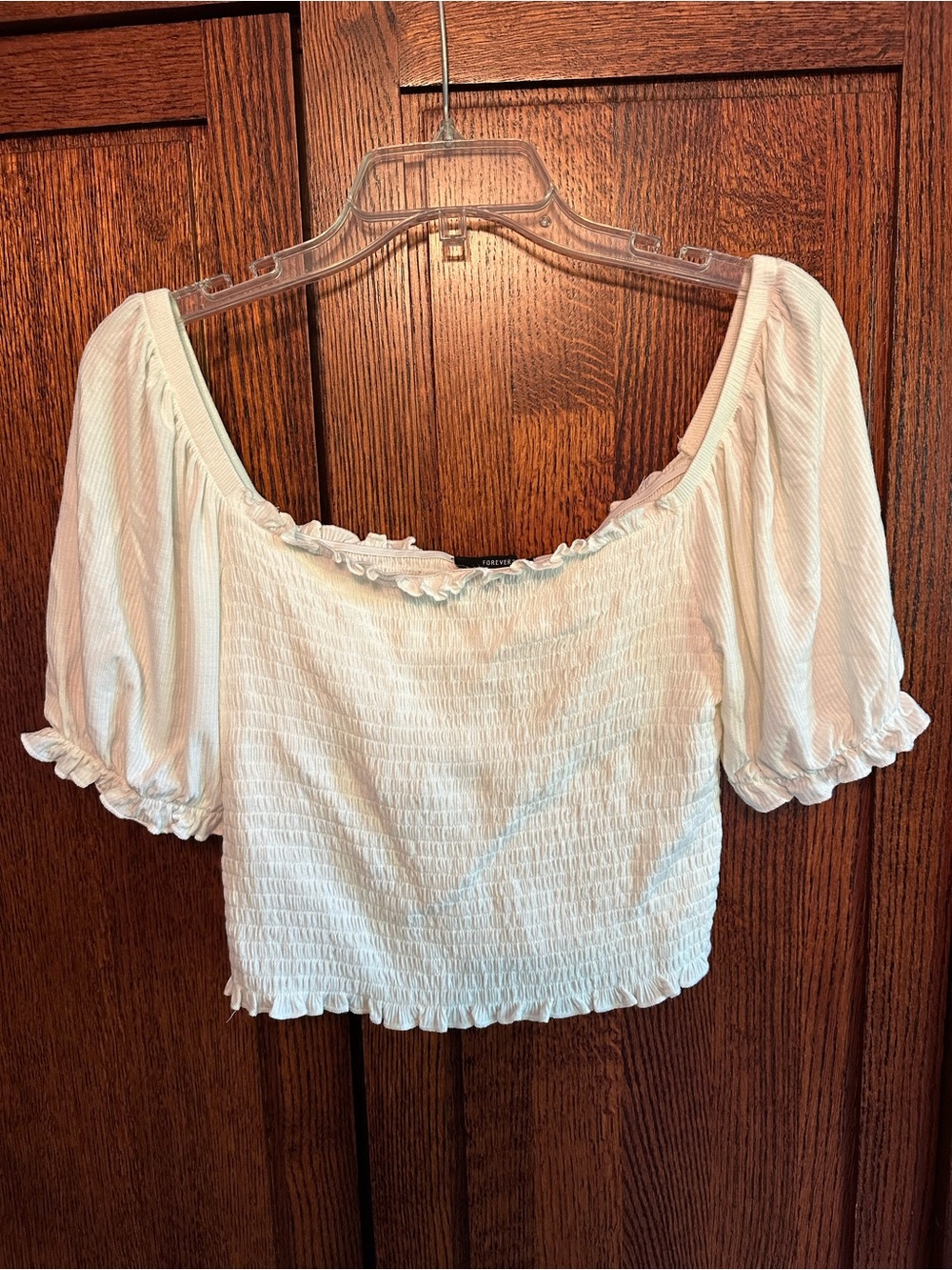 Forever 21 White Smocked Puff Sleeve Crop Top